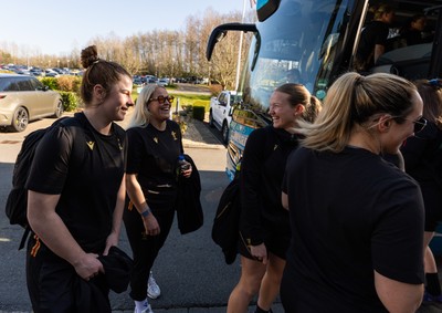 200325  Wales Women Rugby Squad travel to Edinburgh - Kate Williams, Kelsey Jones and Carys Cox make their way to the bus as Wales head to Edinburgh for the opening match of the Women’s 6 Nations against Scotland