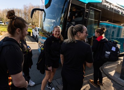 200325  Wales Women Rugby Squad travel to Edinburgh - Kate Williams, Kelsey Jones and Carys Cox make their way to the bus as Wales head to Edinburgh for the opening match of the Women’s 6 Nations against Scotland