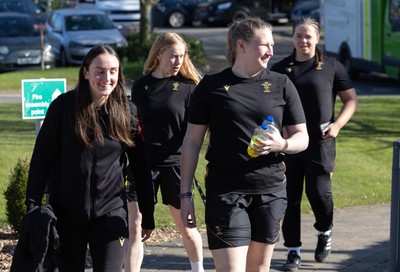 200325  Wales Women Rugby Squad travel to Edinburgh - Nel Metcalfe, Catherine Richards, Alaw Pyrs and Maisie Davies make their way to the bus as Wales head to Edinburgh for the opening match of the Women’s 6 Nations against Scotland