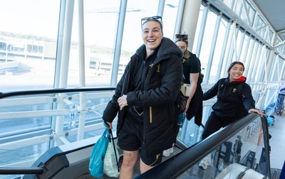 200325  Wales Women Rugby Squad travel to Edinburgh - Keira Bevan, Bethan Lewis and Georgia Evans make their way to departures at Bristol Airport as Wales head to Edinburgh for the opening match of the Women’s 6 Nations against Scotland