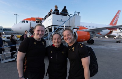 200325  Wales Women Rugby Squad travel to Edinburgh - Alaw Pyrs, Jasmine Joyce and Lisa Neumann board the flight at Bristol Airport as Wales head to Edinburgh for the opening match of the Women’s 6 Nations against Scotland