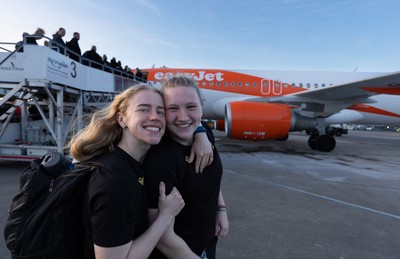 200325  Wales Women Rugby Squad travel to Edinburgh - Catherine Richards and Alaw Pyrs board the flight at Bristol Airport as Wales head to Edinburgh for the opening match of the Women’s 6 Nations against Scotland