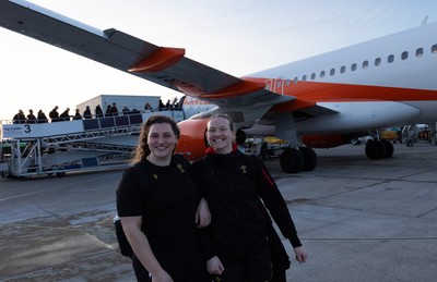 200325  Wales Women Rugby Squad travel to Edinburgh - Gwenllian Pyrs and Carys Cox board the flight at Bristol Airport as Wales head to Edinburgh for the opening match of the Women’s 6 Nations against Scotland