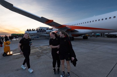 200325  Wales Women Rugby Squad travel to Edinburgh - Gwen Crabb, Gwenllian Pyrs and Carys Cox board the flight at Bristol Airport as Wales head to Edinburgh for the opening match of the Women’s 6 Nations against Scotland