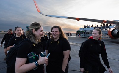 200325  Wales Women Rugby Squad travel to Edinburgh - Gwen Crabb, Gwenllian Pyrs and Carys Cox board the flight at Bristol Airport as Wales head to Edinburgh for the opening match of the Women’s 6 Nations against Scotland