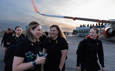 200325  Wales Women Rugby Squad travel to Edinburgh - Gwen Crabb, Gwenllian Pyrs and Carys Cox board the flight at Bristol Airport as Wales head to Edinburgh for the opening match of the Women’s 6 Nations against Scotland