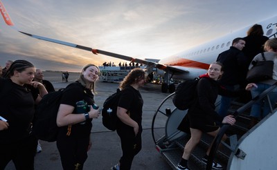 200325  Wales Women Rugby Squad travel to Edinburgh - Maisie Davies, Gwen Crabb, Gwenllian Pyrs and Carys Cox board the flight at Bristol Airport as Wales head to Edinburgh for the opening match of the Women’s 6 Nations against Scotland