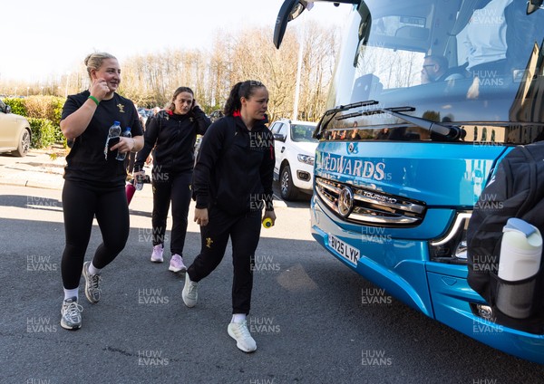 200325  Wales Women Rugby Squad travel to Edinburgh - Molly Reardon, Jenni Scoble and Meg Davies make their way to the bus as Wales head to Edinburgh for the opening match of the Women’s 6 Nations against Scotland