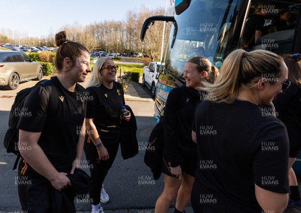 200325  Wales Women Rugby Squad travel to Edinburgh - Kate Williams, Kelsey Jones and Carys Cox make their way to the bus as Wales head to Edinburgh for the opening match of the Women’s 6 Nations against Scotland