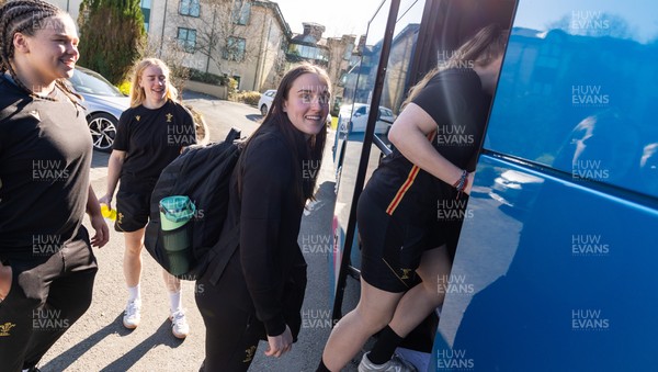 200325  Wales Women Rugby Squad travel to Edinburgh - Maisie Davies, Catherine Richards and Nel Metcalfe make their way to the bus as Wales head to Edinburgh for the opening match of the Women’s 6 Nations against Scotland