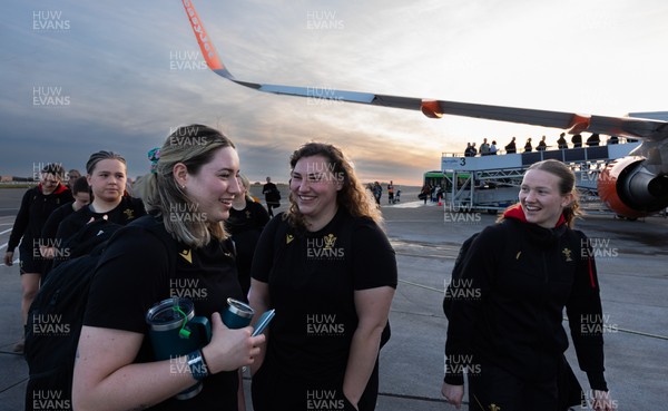 200325  Wales Women Rugby Squad travel to Edinburgh - Gwen Crabb, Gwenllian Pyrs and Carys Cox board the flight at Bristol Airport as Wales head to Edinburgh for the opening match of the Women’s 6 Nations against Scotland