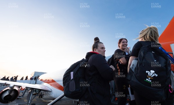 200325  Wales Women Rugby Squad travel to Edinburgh - Georgia Evans, Courtney Keight and Carys Phillips board the flight at Bristol Airport as Wales head to Edinburgh for the opening match of the Women’s 6 Nations against Scotland