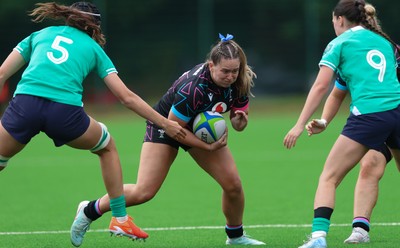 050725  Wales Women U20 v Ireland Women U20, Women’s U20 Six Nations Summer Series - Freya Bell of Wales takes on Aoibhe O’Flynn of Ireland and Jade Gaffney of Ireland