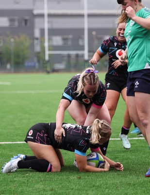 050725  Wales Women U20 v Ireland Women U20, Women’s U20 Six Nations Summer Series - Seren Singleton of Wales celebrates with team mates after she dives in to score Wales’s second try