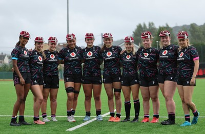 050725  Wales Women U20 v Ireland Women U20, Women’s U20 Six Nations Summer Series - First cap recipients at the end of the match, left to right, Nia Fajeyisan, Ffion Williams, Lottie Buffery-Latham, Jorja Aiono, Chiara Pearce Branwen Metcalfe, Hanna Tudor, Elan Jones, Evie Hill and Mollie Wilkinson