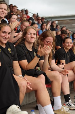 170725 - Wales Women U20 v Italy Women U20, Women’s U20 Six Nations Summer Series - Members of the Wales Women’s Senior Squad stop off on their way to Australia to support the U20’s as they take on Italy Left to right, Courtney Keight, Carys Cox and Abbie Fleming