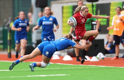 170725 - Wales Women U20 v Italy Women U20, Women’s U20 Six Nations Summer Series - Hanna Marshall of Wales is tackled by Lucie Jeanne Moioli of Italy