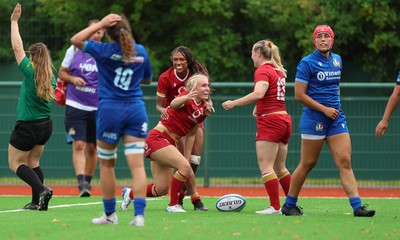 170725 - Wales Women U20 v Italy Women U20, Women’s U20 Six Nations Summer Series - Seren Singleton of Wales celebrates after scoring try