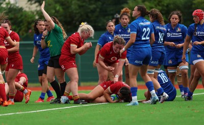 170725 - Wales Women U20 v Italy Women U20, Women’s U20 Six Nations Summer Series - Chiara Pearce of Wales celebrates after scoring try