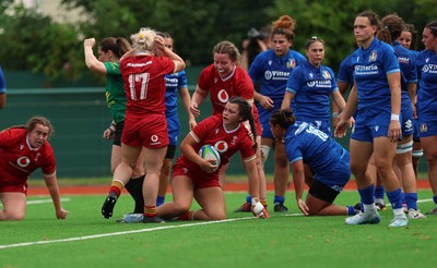 170725 - Wales Women U20 v Italy Women U20, Women’s U20 Six Nations Summer Series - Chiara Pearce of Wales celebrates after scoring try