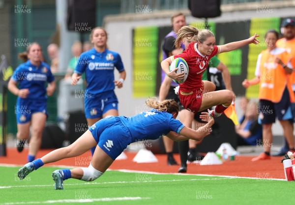 170725 - Wales Women U20 v Italy Women U20, Women’s U20 Six Nations Summer Series - Hanna Marshall of Wales is tackled by Lucie Jeanne Moioli of Italy