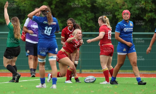 170725 - Wales Women U20 v Italy Women U20, Women’s U20 Six Nations Summer Series - Seren Singleton of Wales celebrates after scoring try