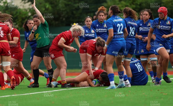 170725 - Wales Women U20 v Italy Women U20, Women’s U20 Six Nations Summer Series - Chiara Pearce of Wales celebrates after scoring try