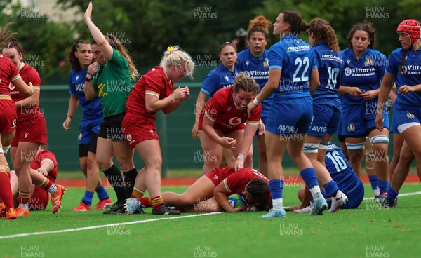 170725 - Wales Women U20 v Italy Women U20, Women’s U20 Six Nations Summer Series - Chiara Pearce of Wales celebrates after scoring try