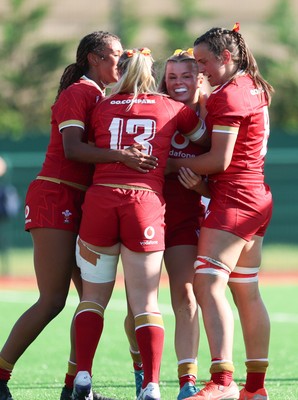 110725 - Wales Women U20 v Scotland Women U20, Women’s U20 Six Nations Summer Series - Mollie Wilkinson of Wales celebrates with team mates after she races in to score try