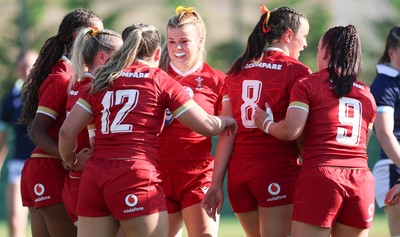 110725 - Wales Women U20 v Scotland Women U20, Women’s U20 Six Nations Summer Series - Mollie Wilkinson of Wales celebrates with team mates after she races in to score try