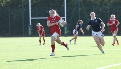 110725 - Wales Women U20 v Scotland Women U20, Women’s U20 Six Nations Summer Series - Savannah Picton-Powell of Wales races in for her second try