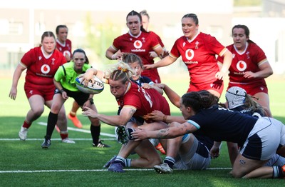 110725 - Wales Women U20 v Scotland Women U20, Women’s U20 Six Nations Summer Series - Savannah Picton-Powell of Wales powers over for a try