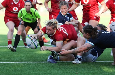 110725 - Wales Women U20 v Scotland Women U20, Women’s U20 Six Nations Summer Series - Savannah Picton-Powell of Wales powers over for a try