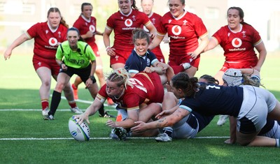 110725 - Wales Women U20 v Scotland Women U20, Women’s U20 Six Nations Summer Series - Savannah Picton-Powell of Wales powers over for a try