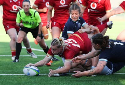 110725 - Wales Women U20 v Scotland Women U20, Women’s U20 Six Nations Summer Series - Savannah Picton-Powell of Wales powers over for a try