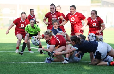 110725 - Wales Women U20 v Scotland Women U20, Women’s U20 Six Nations Summer Series - Savannah Picton-Powell of Wales powers over for a try
