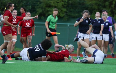 110725 - Wales Women U20 v Scotland Women U20, Women’s U20 Six Nations Summer Series - Dali Hopkins of Wales scores try