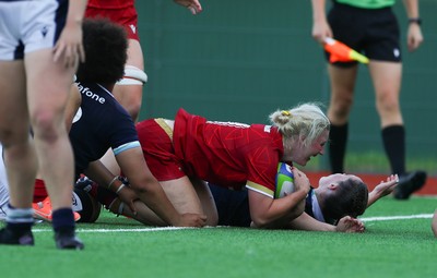 110725 - Wales Women U20 v Scotland Women U20, Women’s U20 Six Nations Summer Series - Dali Hopkins of Wales scores try