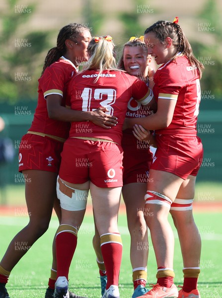 110725 - Wales Women U20 v Scotland Women U20, Women’s U20 Six Nations Summer Series - Mollie Wilkinson of Wales celebrates with team mates after she races in to score try