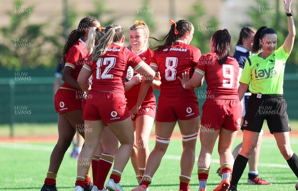 110725 - Wales Women U20 v Scotland Women U20, Women’s U20 Six Nations Summer Series - Mollie Wilkinson of Wales celebrates with team mates after she races in to score try