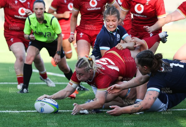 110725 - Wales Women U20 v Scotland Women U20, Women’s U20 Six Nations Summer Series - Savannah Picton-Powell of Wales powers over for a try