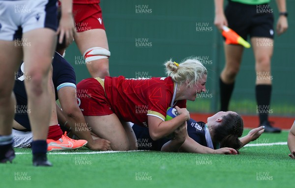 110725 - Wales Women U20 v Scotland Women U20, Women’s U20 Six Nations Summer Series - Dali Hopkins of Wales scores try