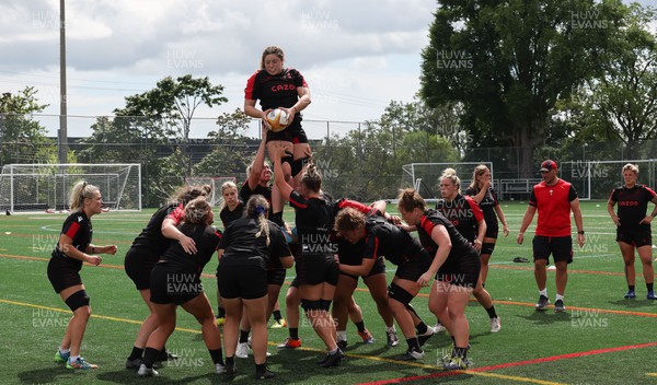 250822 - Wales Women Rugby Units Session - Wales’ Gwen Crabb wins the ball during a training session ahead of the match against Canada