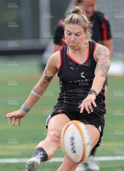 250822 - Wales Women Rugby Units Session - Wales’ Keira Bevan kicks during a training session ahead of the match against Canada