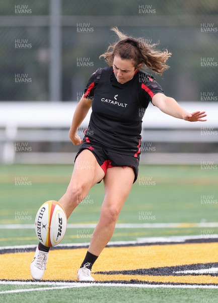 250822 - Wales Women Rugby Units Session - Wales’ Eloise Hayward kicks during a training session ahead of the match against Canada