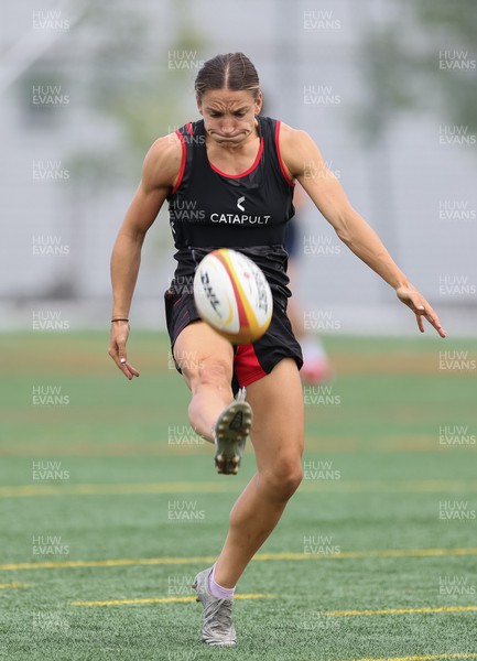250822 - Wales Women Rugby Units Session - Wales’ Jazz Joyce kicks during a training session ahead of the match against Canada