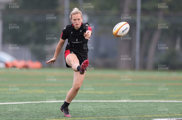 250822 - Wales Women Rugby Units Session - Wales’ Meg Webb kicks during a training session ahead of the match against Canada