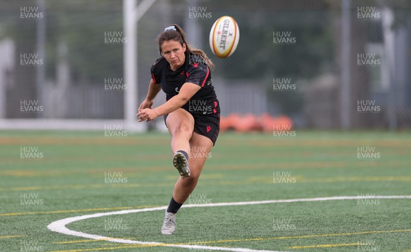 250822 - Wales Women Rugby Units Session - Wales’ Kayleigh Powell kicks during a training session ahead of the match against Canada