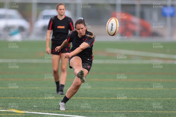 250822 - Wales Women Rugby Units Session - Wales’ Kayleigh Powell kicks during a training session ahead of the match against Canada