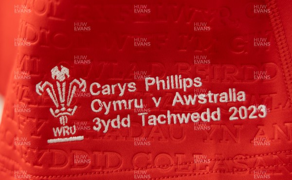 031123 - Wales Women v Australia Women, WXV1 - Carys Phillips of Wales’ match shirt hang in the changing room ahead of the match, on the occasion of her 70th cap